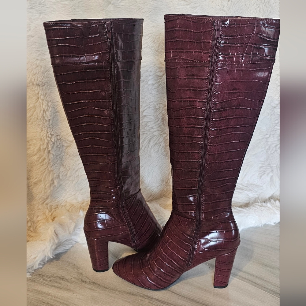 Women's Burgundy Croc-Embossed Knee High Boots - Picture 4 of 10